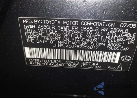 2008 Lexus Es 350 from USA, damaged, VIN JTHBJ46G782266812